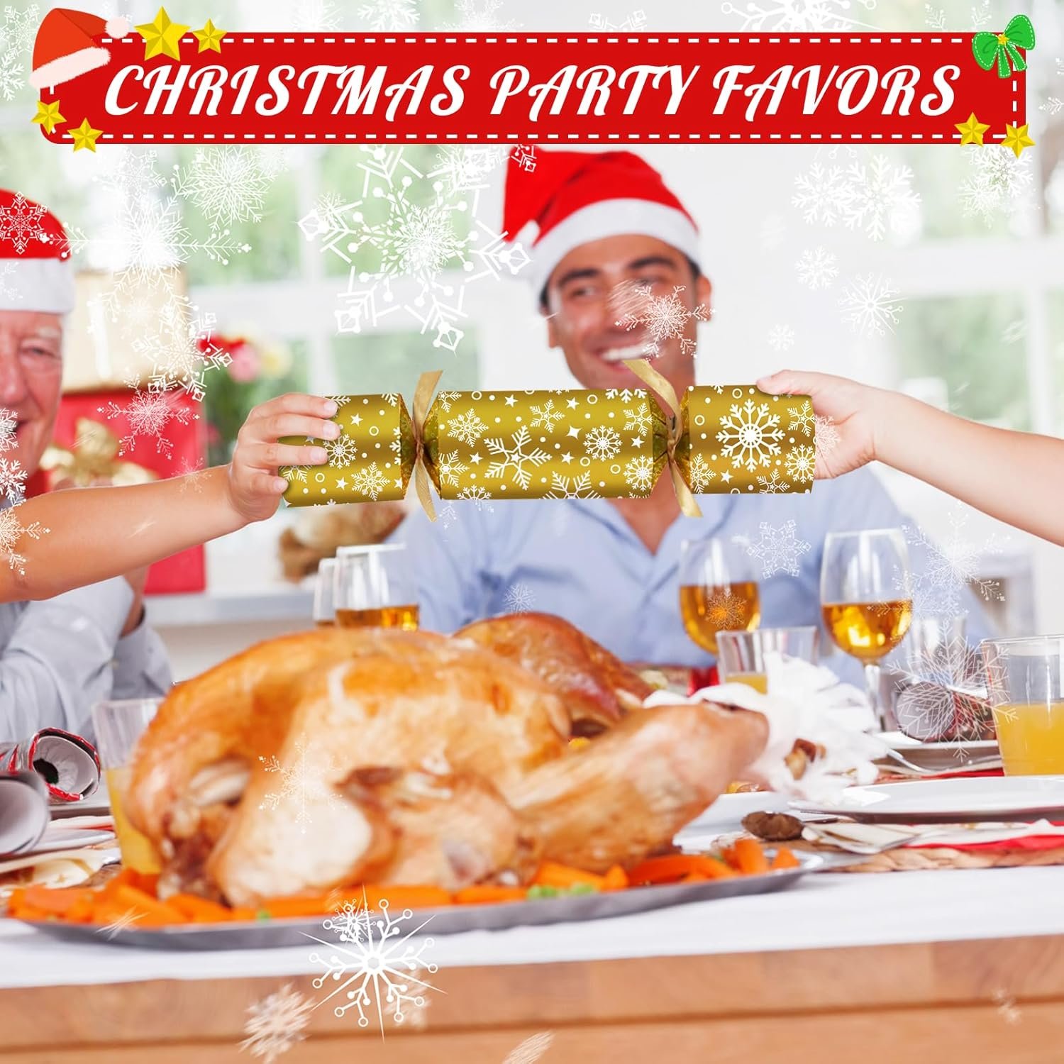 10PACK Christmas Party Favor No-Snap Table Favors with Prize Joke Gifts for Kids Adults Party Supplies Dinner Decorations British English Holiday Games Gold Snowflake Pattern - Image 3