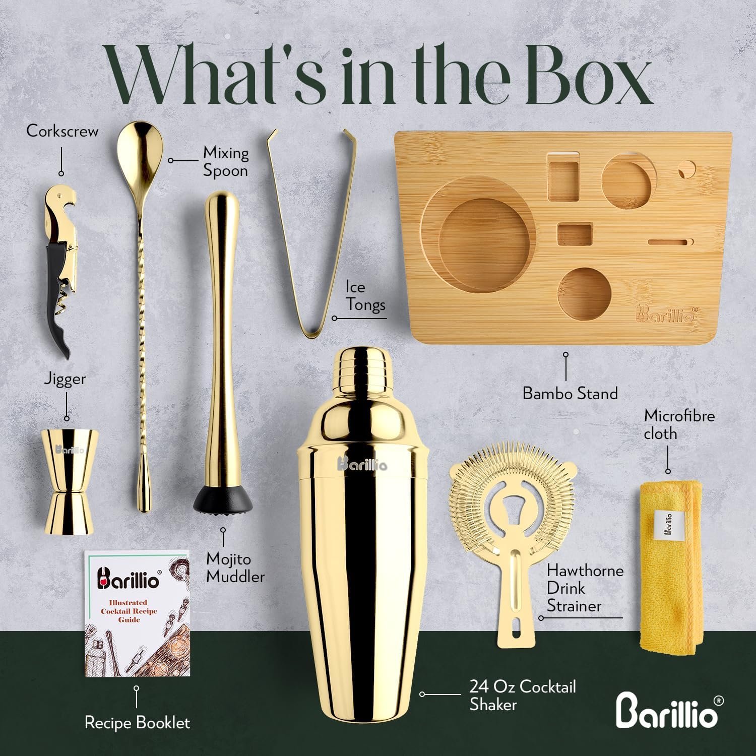 Barillio Gold Bartender Kit - Stainless-Steel Cocktail Shaker Set w/Bamboo Stand - Mixology Bar Tools w/Shaker, Drink Mixer Spoon & Muddler for Cocktails - Home Bar Accessories - 10-Pc Bar Set - Image 3