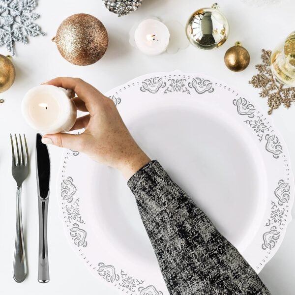 FULING 175 Pieces Silver White Dinnerware Set For 25 Guest Disposable Tableware Plastic Cutlery 5-Sets, With 12oz Cups, Knife, Fork, Spoon, Dinner Paper Each 25 Pieces For Wedding, Birthday, Party - Image 7