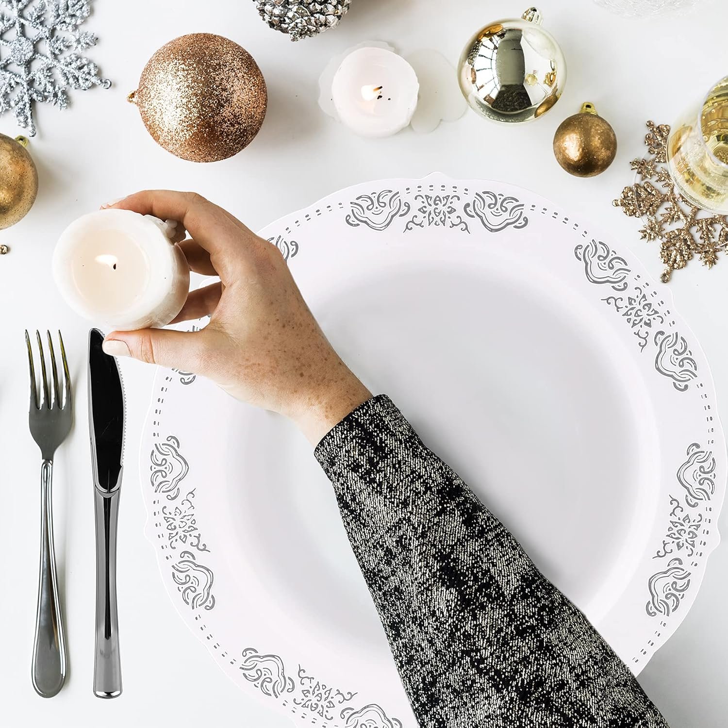 FULING 175 Pieces Silver White Dinnerware Set For 25 Guest Disposable Tableware Plastic Cutlery 5-Sets, With 12oz Cups, Knife, Fork, Spoon, Dinner Paper Each 25 Pieces For Wedding, Birthday, Party - Image 7