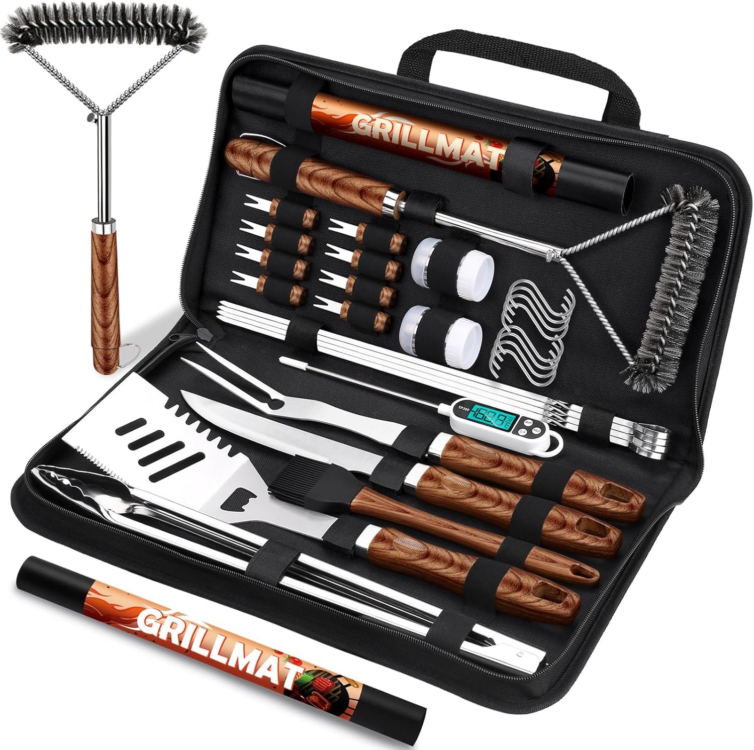 31pcs Stainless Steel BBQ Grill Accessories Set for Men Dad, Heavy Duty Grilling Tools for Outdoor Camping, BBQ Utensils Kit with Mats, Grill Brush in Carrying Bag Brown - Image 2
