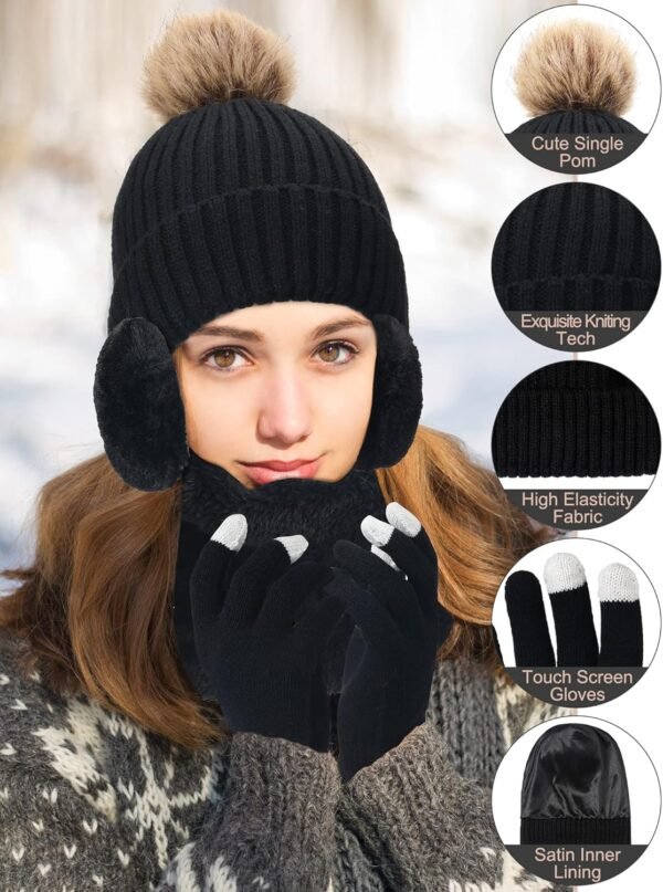 5 Pcs Women Winter Warm Hat and Gloves Scarf Set Knitted Beanie Ski Outing Pompom Hat Winter Ear Warmer Ski Earmuffs Stocking - Image 4