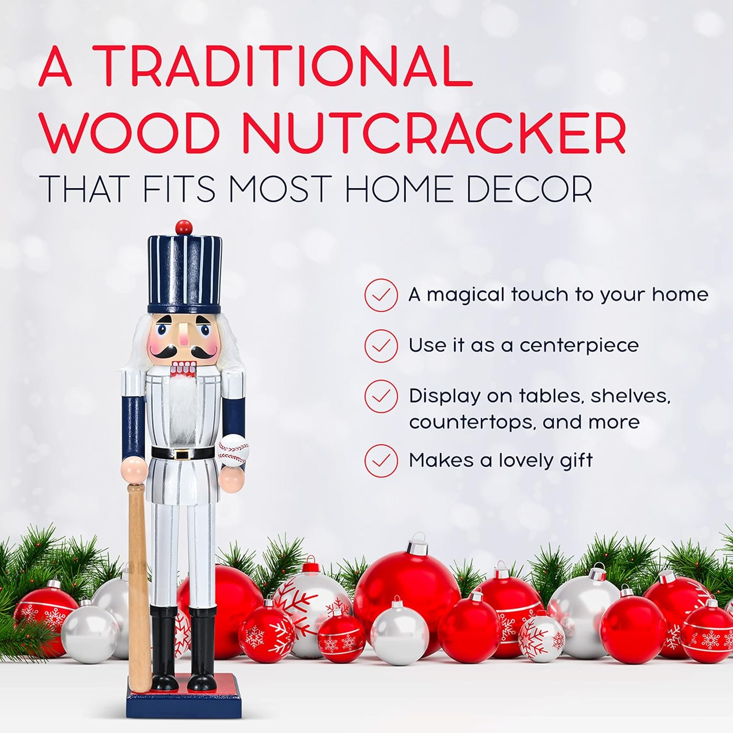 Ornativity Christmas Baseball Player Nutcracker - Baseball Player Figure with White Pin Stripe Uniform and Bat Xmas Sports Holiday Decor Nutcracker 15" - Image 7