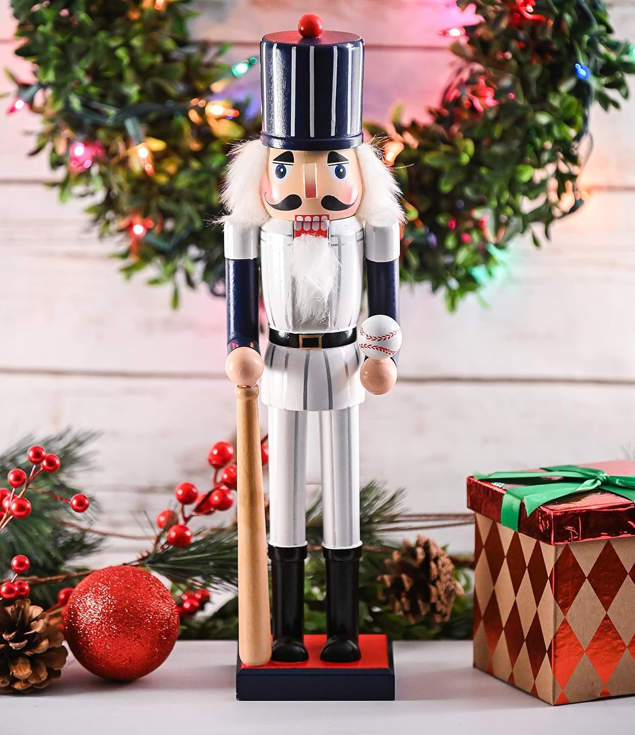 Ornativity Christmas Baseball Player Nutcracker - Baseball Player Figure with White Pin Stripe Uniform and Bat Xmas Sports Holiday Decor Nutcracker 15" - Image 4
