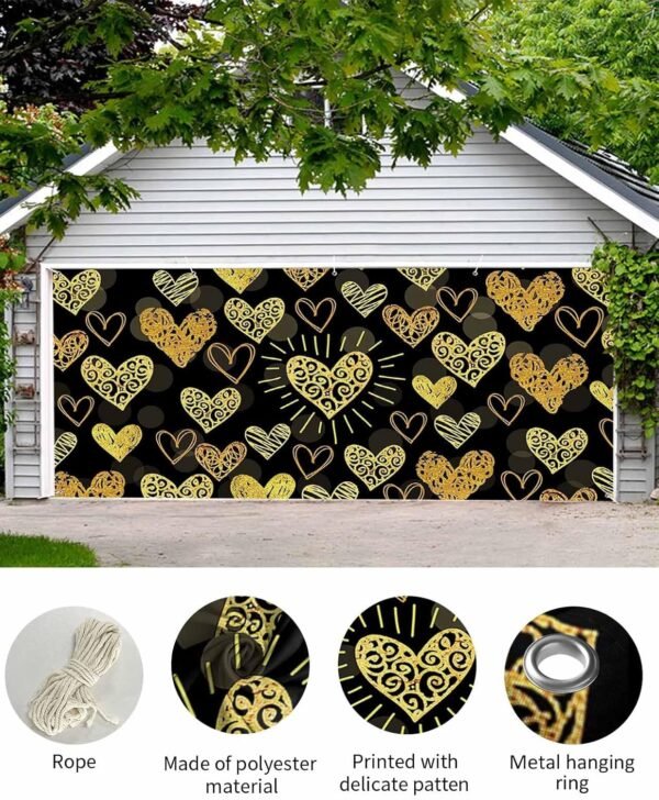 Yellow Love Heart Valentine's Day Garage Door Cover Decorations 7x16 Ft, Classic Black Decorative Garage Door Banner, Large Outdoor Garage Hanging Backdrop Mural for Party/Holiday - Image 3