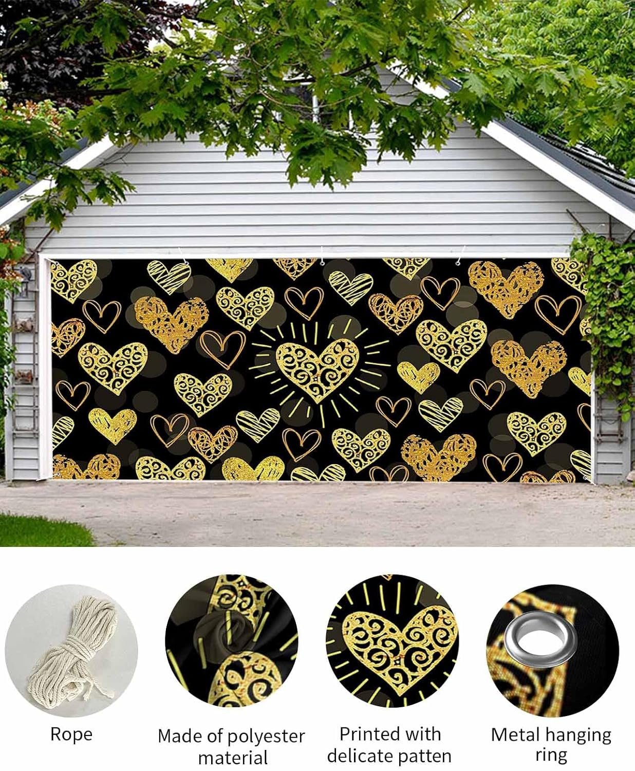 Yellow Love Heart Valentine's Day Garage Door Cover Decorations 7x16 Ft, Classic Black Decorative Garage Door Banner, Large Outdoor Garage Hanging Backdrop Mural for Party/Holiday - Image 3