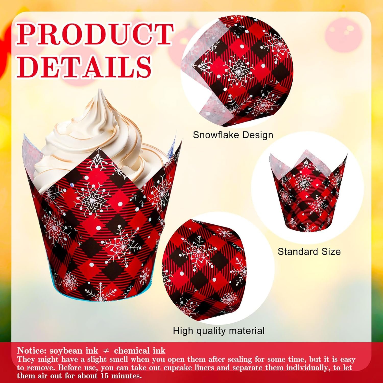 Whaline 200Pcs Christmas Plaid Tulip Cupcake Liners Plaid Snowflake Muffin Tulip Baking Cups Xmas Red Black Tulip Cupcake Wrappers for Holiday Party Supplies - Image 4
