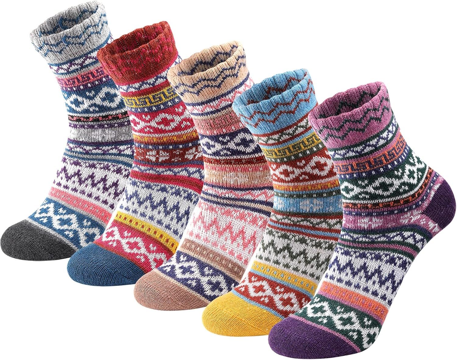 5 Pairs Wool Socks - Wool Socks for Women, Cozy Crew Socks, Warm Winter Socks for Women, Womens Vintage Socks, 6-10 - Image 2