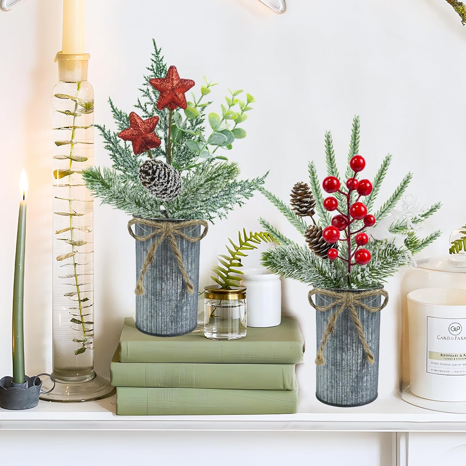 4 Pcs Christmas Centerpieces for Tables, Small Christmas Floral Arrangements Artificial Christmas Plants Christmas Berry Pine Cone Picks with vase for Holiday Home Farmhouse Party Decor - Image 7