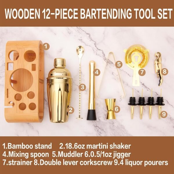 12Pcs-Cocktail Shaker Set Stainless Steel Bartending Kit 18.6oz Cocktail Bar Set Cocktail Mix Drink Making Kit Professional Bar and Home Drink Bar Tools for Bartender(Gold, 12Pcs) - Image 5