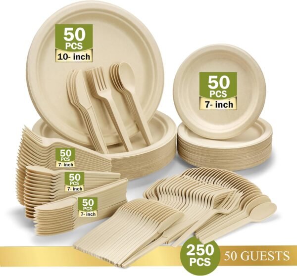 ALPIO 250Pcs Disposable Paper Plates Set, Compostable Dinnerware Set for 50 Guests – Biodegradable Paper Plates, Eco-Friendly Sugarcane Utensils, Includes Paper Plates, Forks, Knives, Spoons - Image 4
