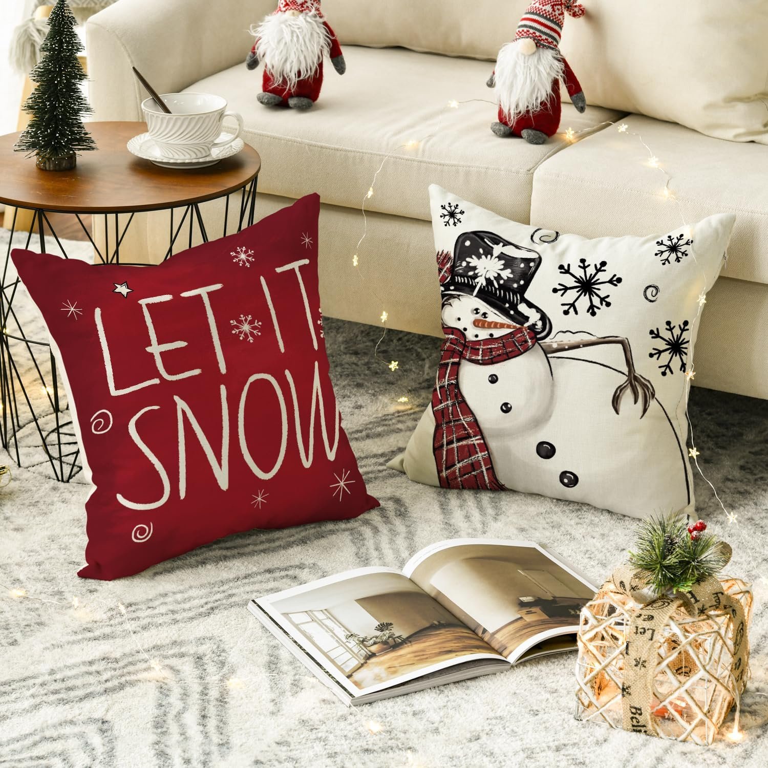 AVOIN colorlife Merry Christmas Snowman Let It Snow Throw Pillow Covers, 18 x 18 Inch Xmas Tree Winter Holiday Cushion Case Decoration for Sofa Couch Set of 4 - Image 5