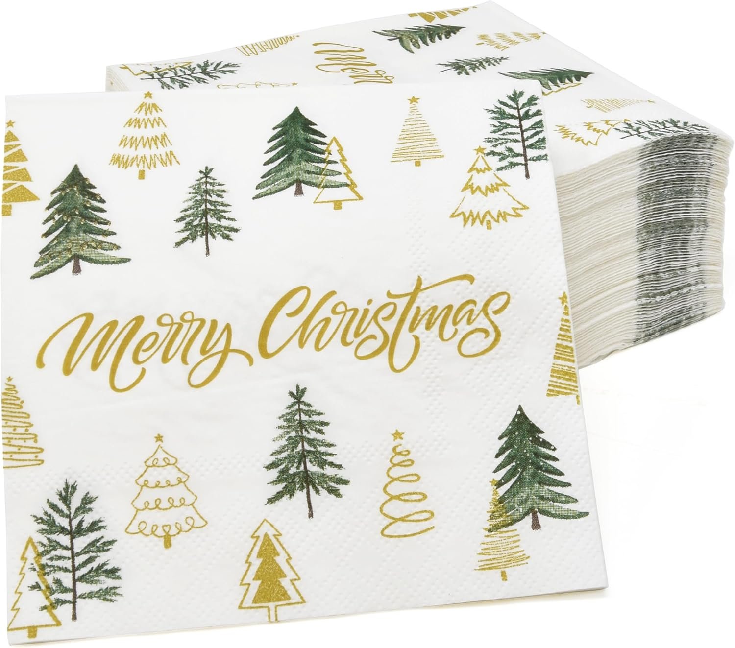 100 Merry Christmas Tree Cocktail Beverage Napkins Disposable Paper Decorative Elegant Xmas Green & Gold Trees Dessert Dinner Hand Napkin for Winter Holiday Wedding Party Supplies Tableware Decoration - Image 4