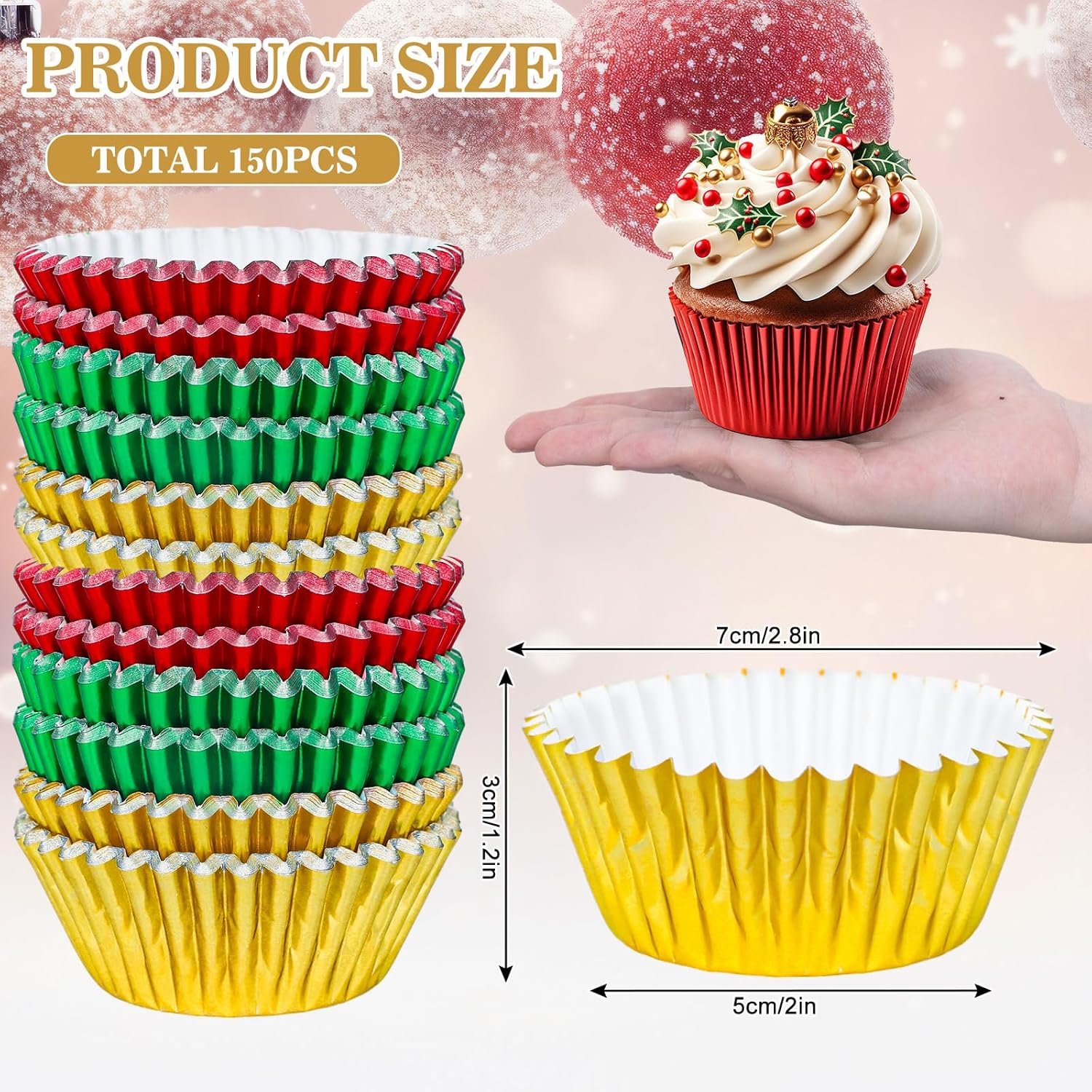Whaline 150Pcs Christmas Foil Cupcake Liners Red Green Gold Foil Metallic Cupcake Wrappers Muffin Liners for Christmas Holiday Party Supplies Table Decor - Image 3