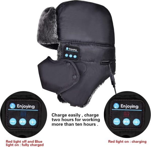 Trapper Hat Bluetooth Warm Winter hat Ski Mask for Men Women, Faux Fur Russian Hat with Speaker Headphones Earflap - Image 4