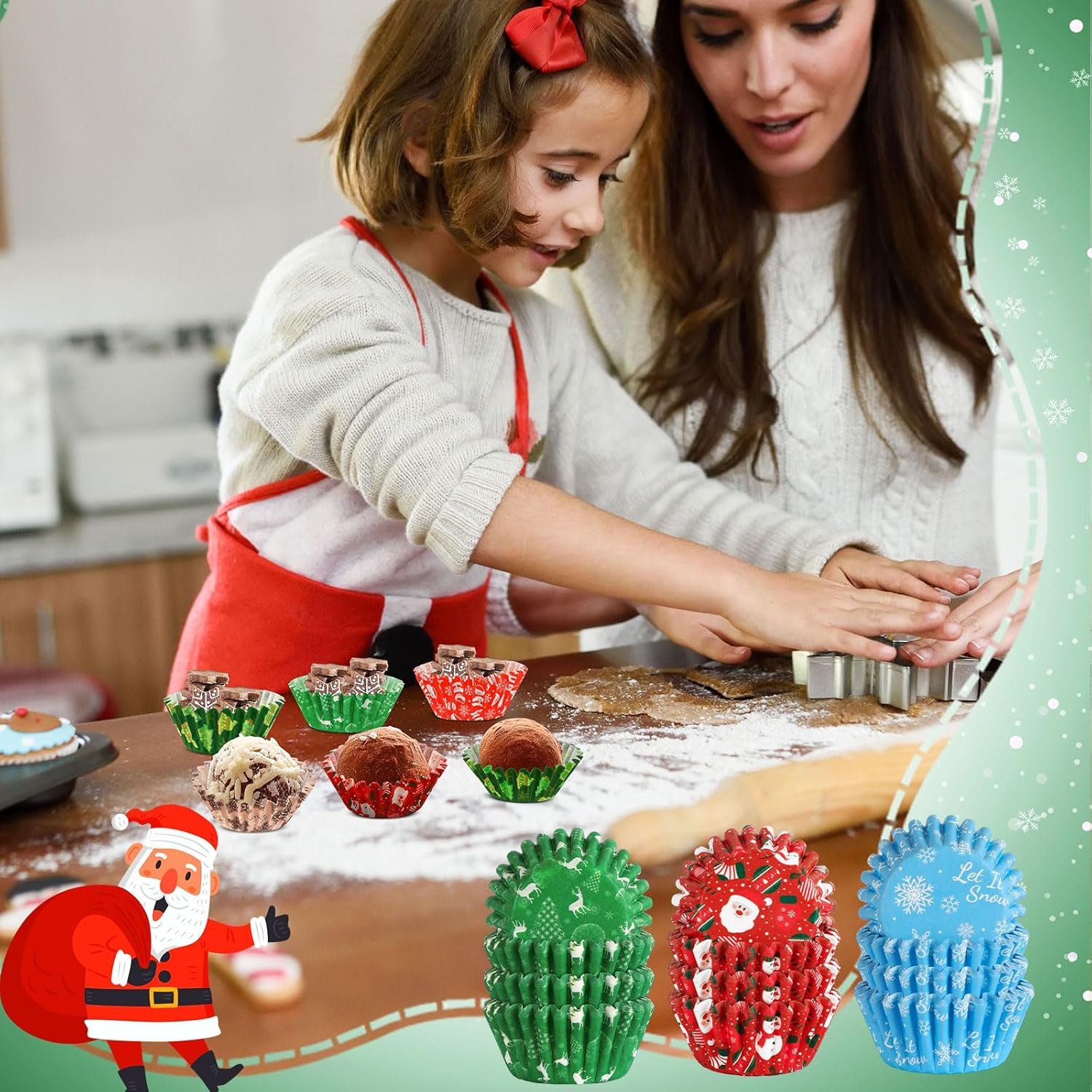 AUGSUN 800pcs Christmas Cupcake Liners Paper Candy Cups Santa Claus Snowman Snowflake Mini Muffin Liners for Xmas Holiday Party Cake Candy Truffles Chocolate Making Supplies(8 Designs) - Image 8