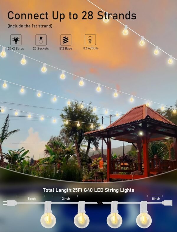 25Ft LED Outdoor String Lights Christmas, G40 Globe Patio String Lights Waterproof with 27 Shatterproof LED Bulbs, Hanging Christmas Decorations Lights for Backyard Porch Garden Bistro Party- White - Image 3