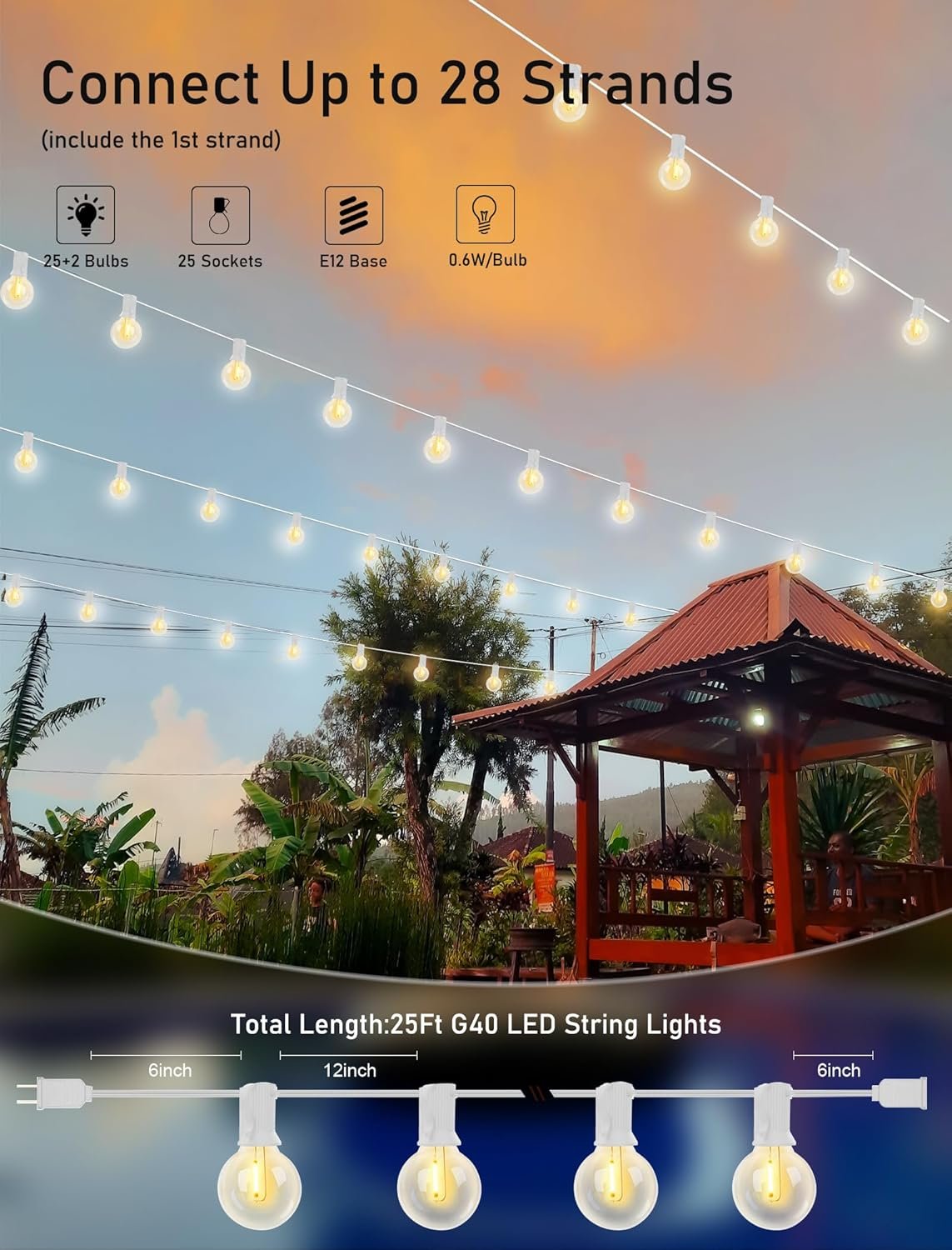 25Ft LED Outdoor String Lights Christmas, G40 Globe Patio String Lights Waterproof with 27 Shatterproof LED Bulbs, Hanging Christmas Decorations Lights for Backyard Porch Garden Bistro Party- White - Image 3