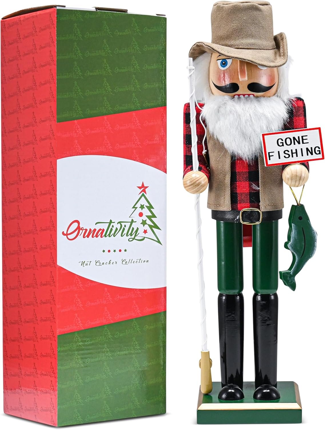 Ornativity Christmas Fisher Man Nutcracker – Red and Green Wooden Fisherman Nutcracker Man with Fishing Rod and Fish in Hand Xmas Themed Holiday Nut Cracker Doll Figure Decorations 15" - Image 8