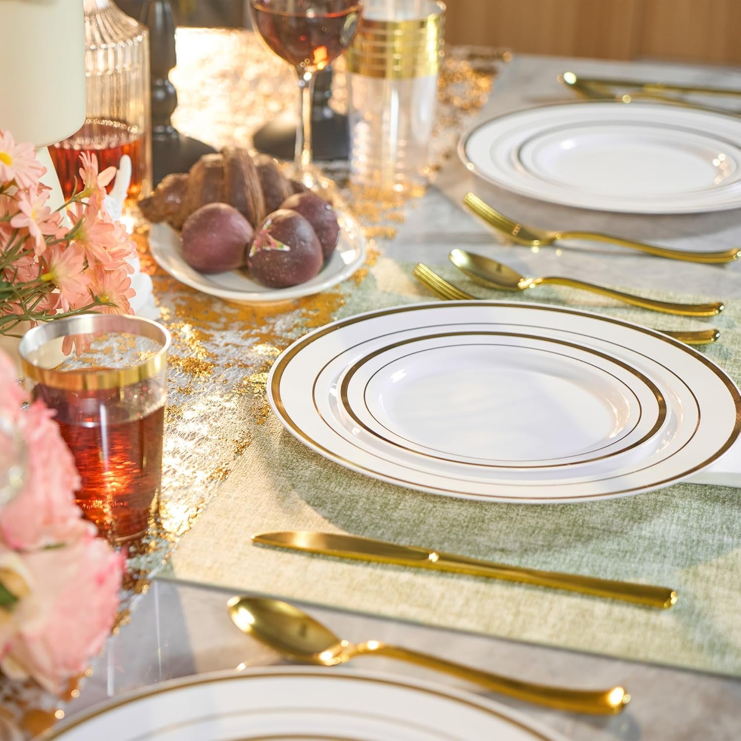 350 Pieces Gold Disposable Plates for 50 Guests, Disposable Plastic Plates for Party, Wedding, Dinnerware Set of 50 Dinner Plates, 50 Salad Plates,50 Cups and 50 Paper Napkins, Gold - Image 3