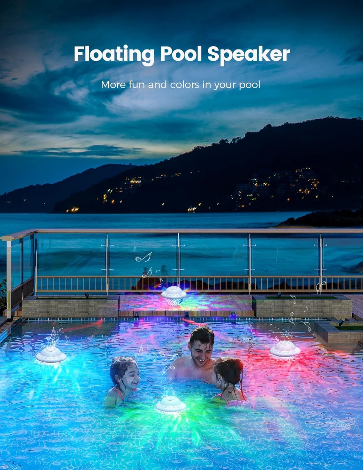 Floating Pool Speakers with Colorful LED Lights, IPX7 Waterproof Hot Tub Bluetooth Speaker, 10W Stereo Loud Sound, Built-in Mic, Portable Wireless Speakers for Shower Bathtub Beach Outdoor Swim-White - Image 4