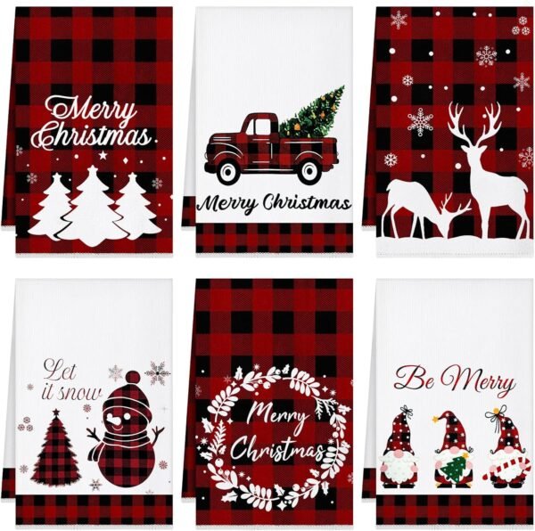 Amandir Set of 6 Red Black Christmas Kitchen Towels Buffalo Plaid 24 x 16 Inch Dish Towels Winter Snowman Truck Tea Towels Christmas Hand Towels for Holiday Xmas Housewarming Gift Farmhouse Home - Image 2