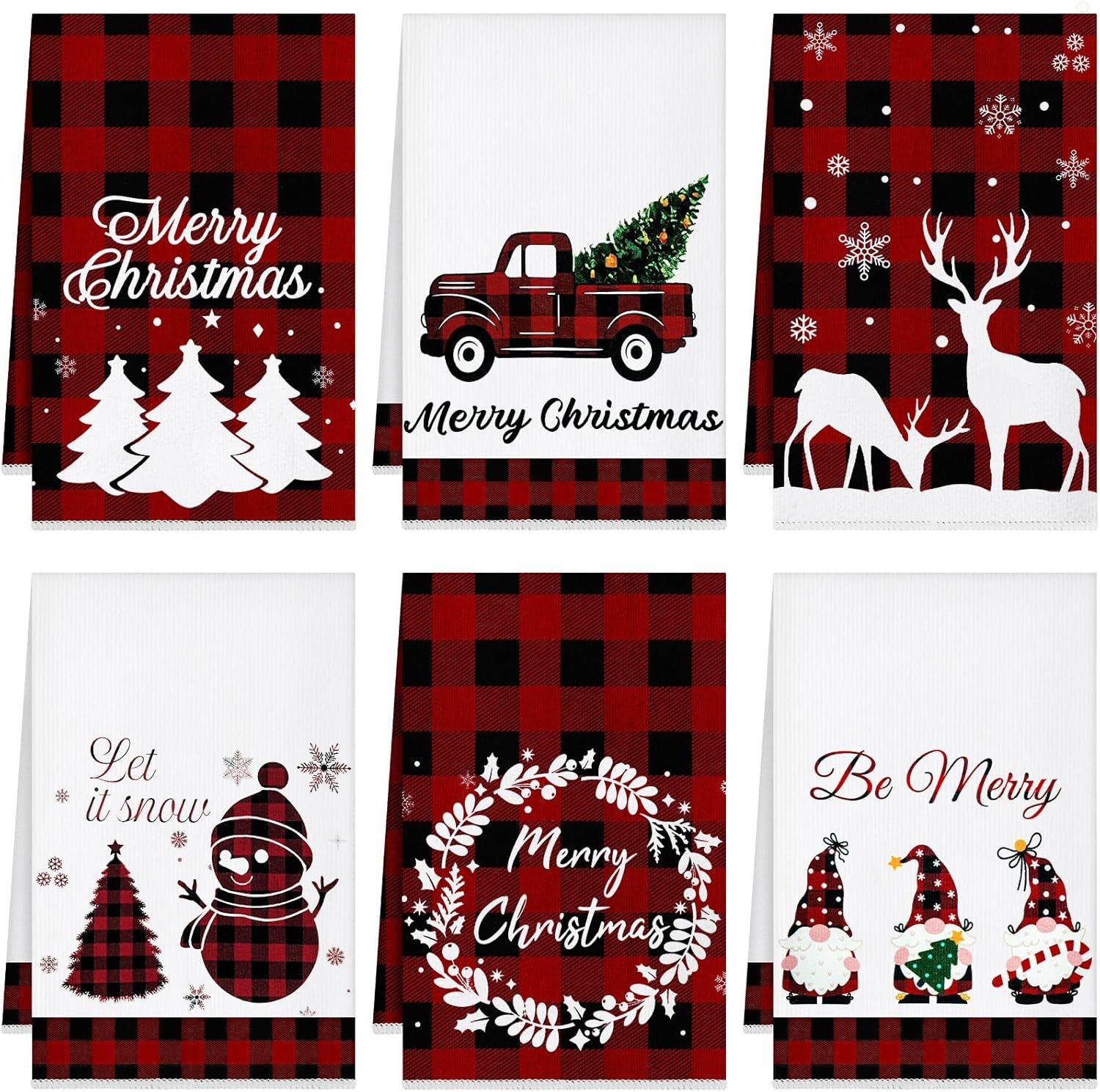Amandir Set of 6 Red Black Christmas Kitchen Towels Buffalo Plaid 24 x 16 Inch Dish Towels Winter Snowman Truck Tea Towels Christmas Hand Towels for Holiday Xmas Housewarming Gift Farmhouse Home - Image 2