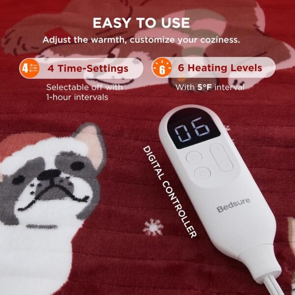 Bedsure Christmas Heated Blanket Throw - Soft Flannel Sherpa Electric Blanket with Pet Pattern, Heating Blanket as a Gift, with 6 Heating Levels, 4 Time Settings, and 3-Hour Auto-Off (50x60 inches) - Image 3