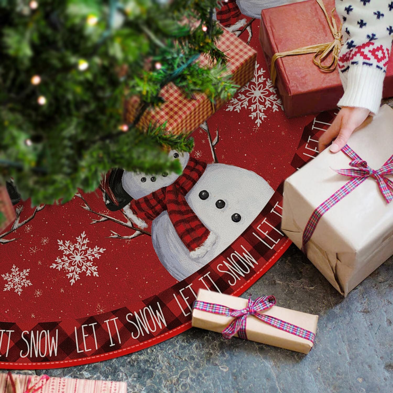 AVOIN colorlife Let It Snow Snowman Christmas Tree Skirt, Xmas Winter Holiday Party Tree Mat Indoor Outdoor Decoration 48 Inch - Image 3