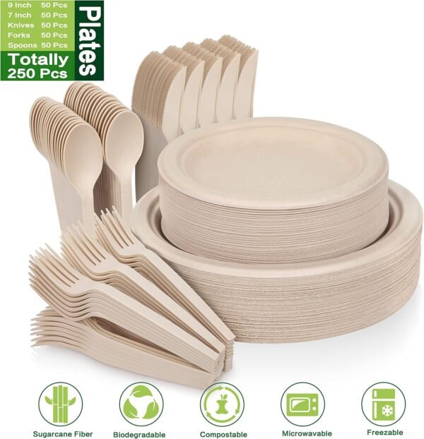 250 Piece Compostable Paper Plates Set with Extra Long Utensils, Sugarcane Fibers Disposable Dinnerware Set, Eco Friendly Biodegradable Plates, Spoons, Forks and Knives for Party, Camping, Picnic - Image 3