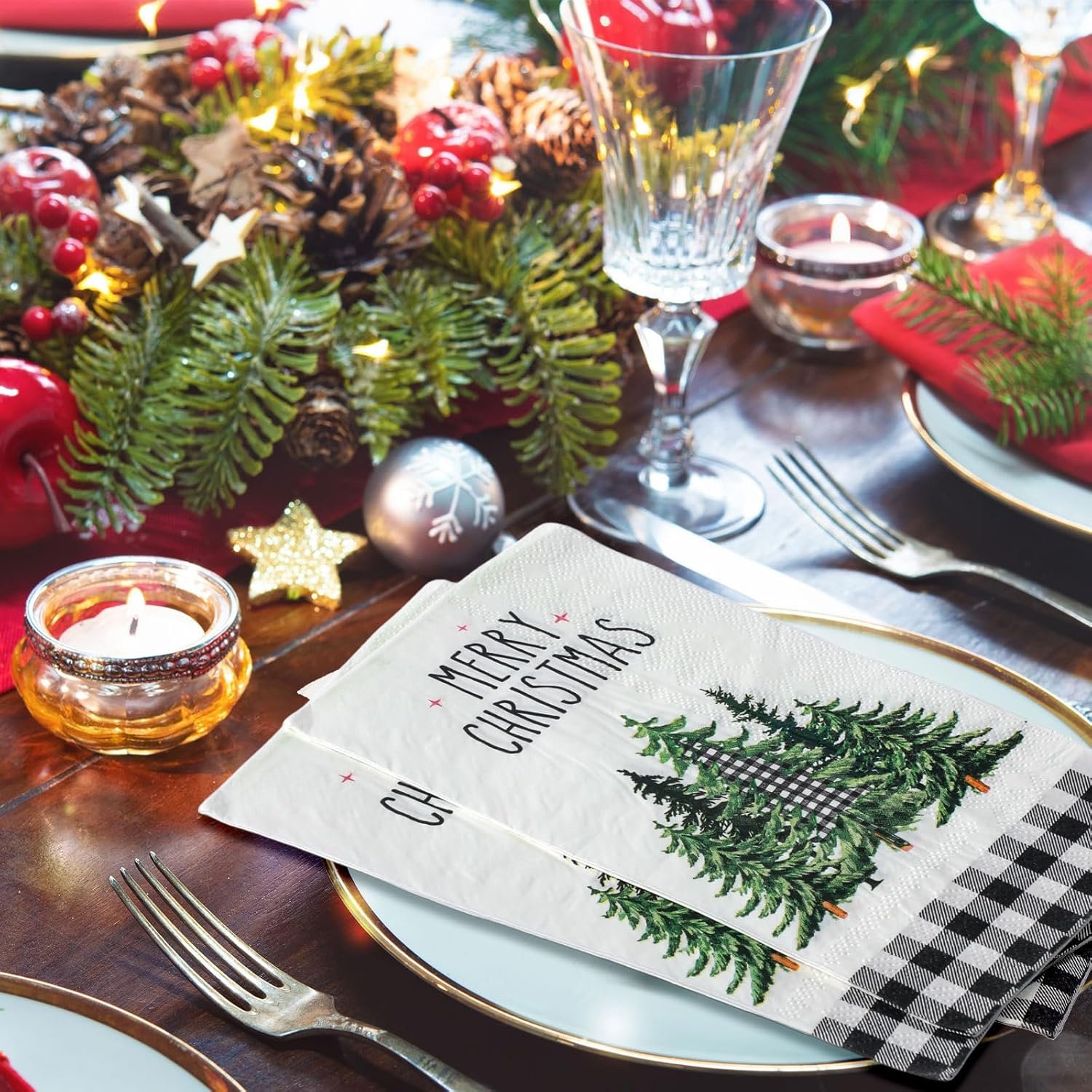 100 Pieces Christmas Napkins Bulk Holiday Disposable Paper Guest Hand Towel Christmas Tree Cocktail Napkins Merry Christmas Hand Napkins for Home Winter Kitchen Xmas Party (Bright Plaid) - Image 8