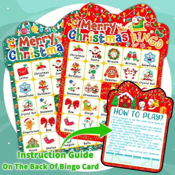 39Pcs Christmas Bingo Cards, 24 Players Cute Christmas Bingo Game for Kids Adults Party Supplies Family Games Activities Xmas Festival - Image 6