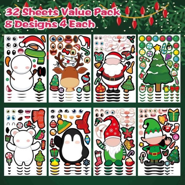 32 Sheets Christmas Party Games Stickers, Make Your Own Christmas Characters Mix and Match Sticker with Christmas Tree Santa Tree Gnome Elf Xmas Holiday Stickers Christmas Party Game Craft Supplies - Image 3