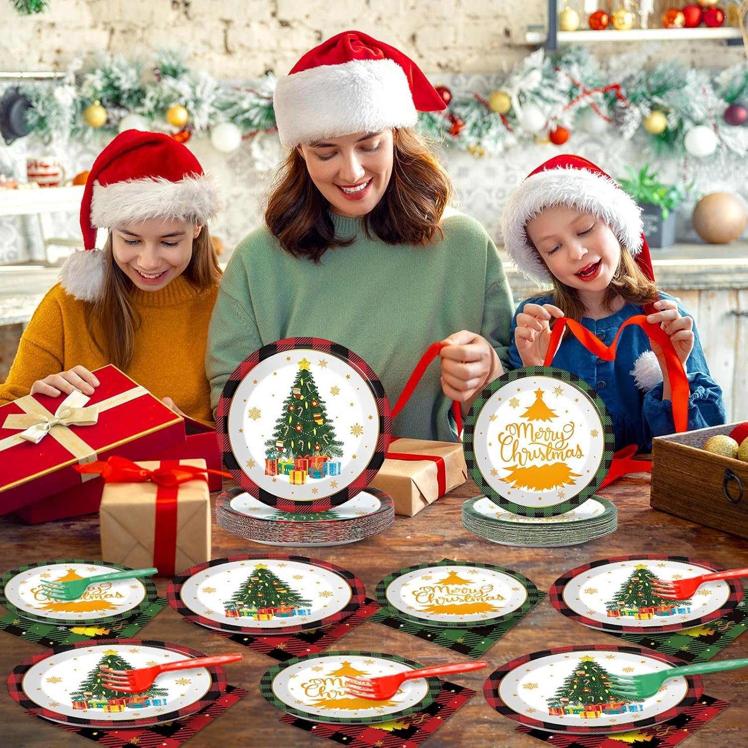 96 Pcs Christmas Paper Plates and Napkins Christmas Xmas Party Supplies Green Red Black Buffalo Plaid Christmas Tree Disposable Tableware Set Merry Christmas Themed Party Favors Holiday Winter Decor - Image 8