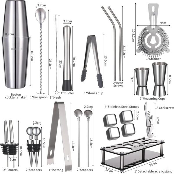Cocktail Shaker Set Bartender Kit, 23 PCS Boston Shaker Tool Set with Stand, Drink Mixer Martini Shaker Bartending Kit, Bar Tools Bartender Tool Kit, mobzio Bar Accessories for The Home Bar Set - Image 4