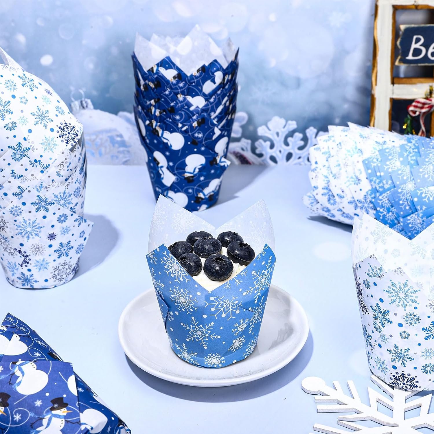 Whaline 180Pcs Winter Snowflake Tulip Cupcake Liners Christmas Snowflake Snowman Muffin Tulip Baking Cups Xmas Blue White Tulip Cupcake Wrappers for Holiday Party Supplies - Image 5