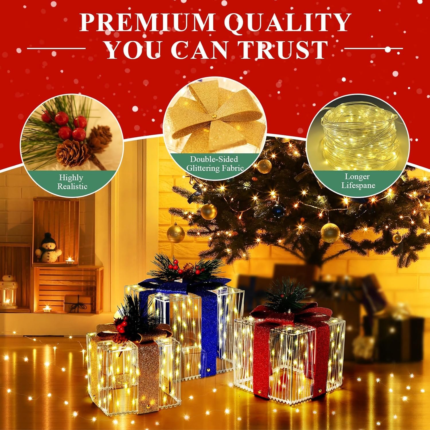 Sparkling Christmas Lighted Gift Boxes W/ 270 LEDs, 33Ft String Lights Light up Christmas Decoration Indoor Outdoor, Holiday Decor Present Boxes Xmas Ornament for Tree Skirt Yard Porch Home, Set of 3 - Image 5