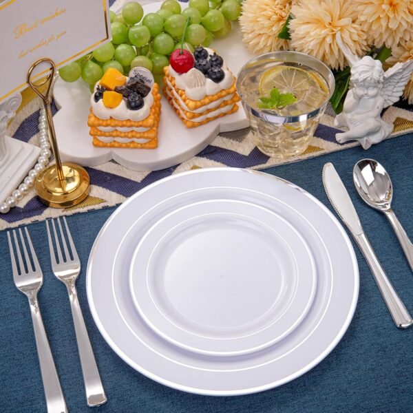 WELLIFE 600 Pcs Sliver Disposable Plates for 100 Guests, Plastic Plates for Party, Dinnerware Set of 100 Dinner Plates, 100 Salad Plates, 100 Spoons, 100 Forks, 100 Knives, 100 Cups - Image 7