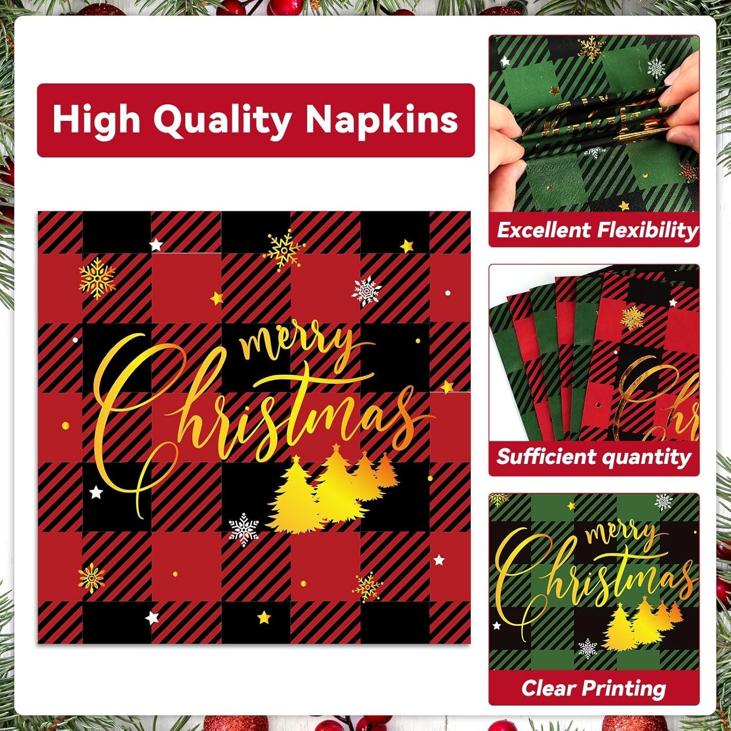 96 Pcs Christmas Paper Plates and Napkins Christmas Xmas Party Supplies Green Red Black Buffalo Plaid Christmas Tree Disposable Tableware Set Merry Christmas Themed Party Favors Holiday Winter Decor - Image 5