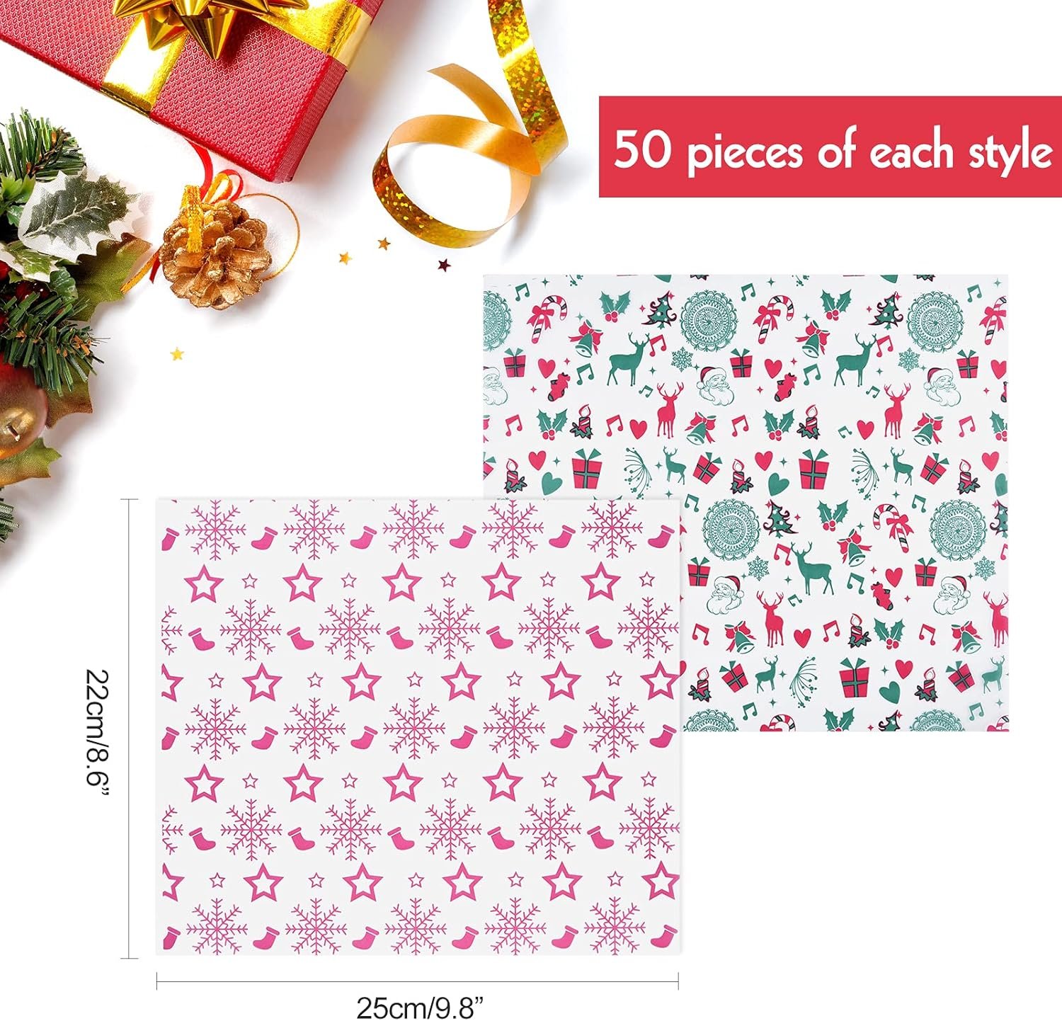 ASTARON 100pcs Christmas Wax Paper Sheets for Food Wrapping, Christmas Tissue Wax Paper for Candy Cookies Sandwich Wrapping Paper Fried Food Basket Liner Greaseproof Paper (Red Green) - Image 3