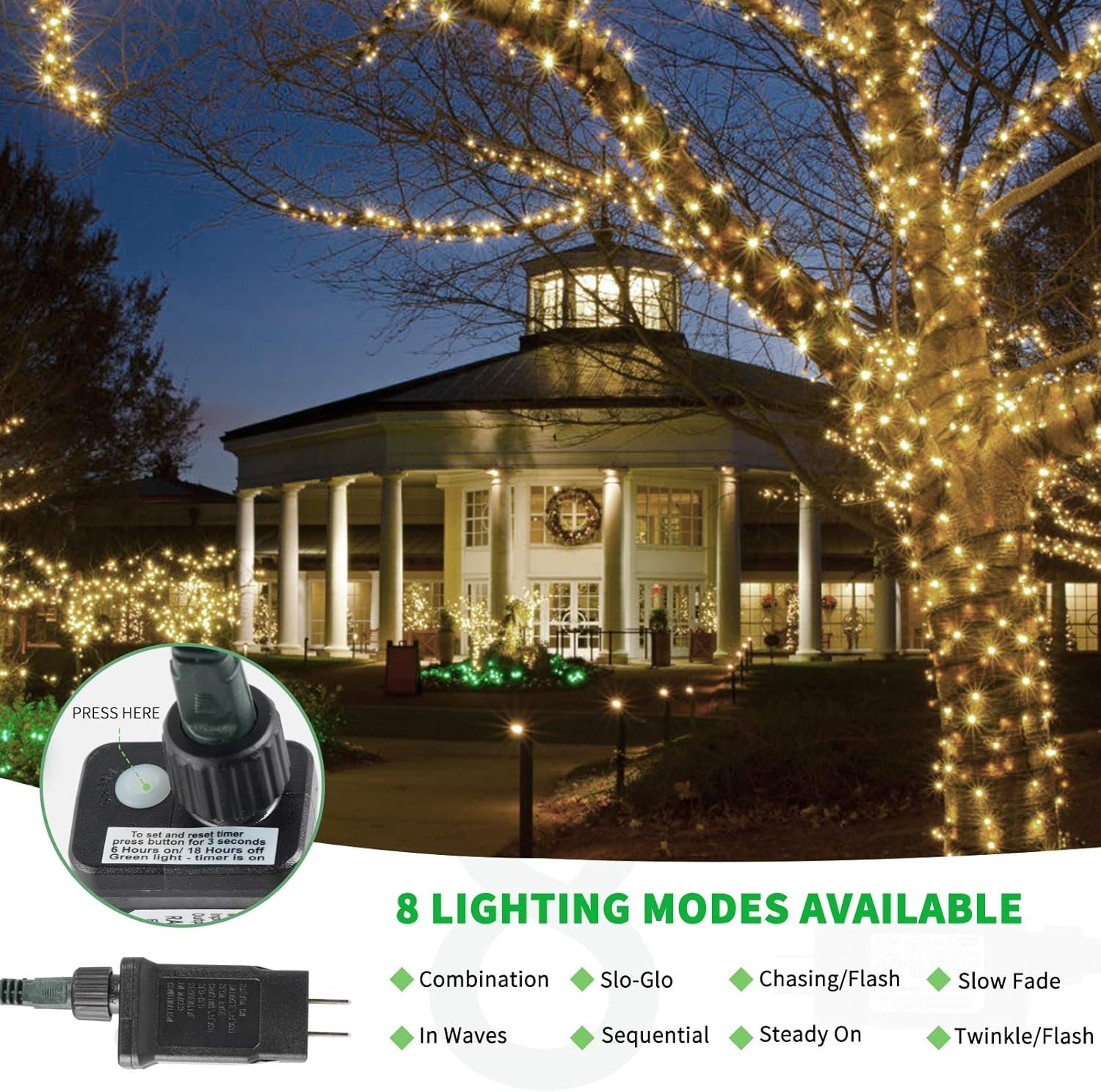 Tcamp 164FT 500 LED Christmas Lights, 8 Modes Christmas Tree Lights with Timer Memory Function, Green Wire Starry Fairy String Lights for Christmas Tree Halloween Outdoor Indoor Decor (Warm White) - Image 3