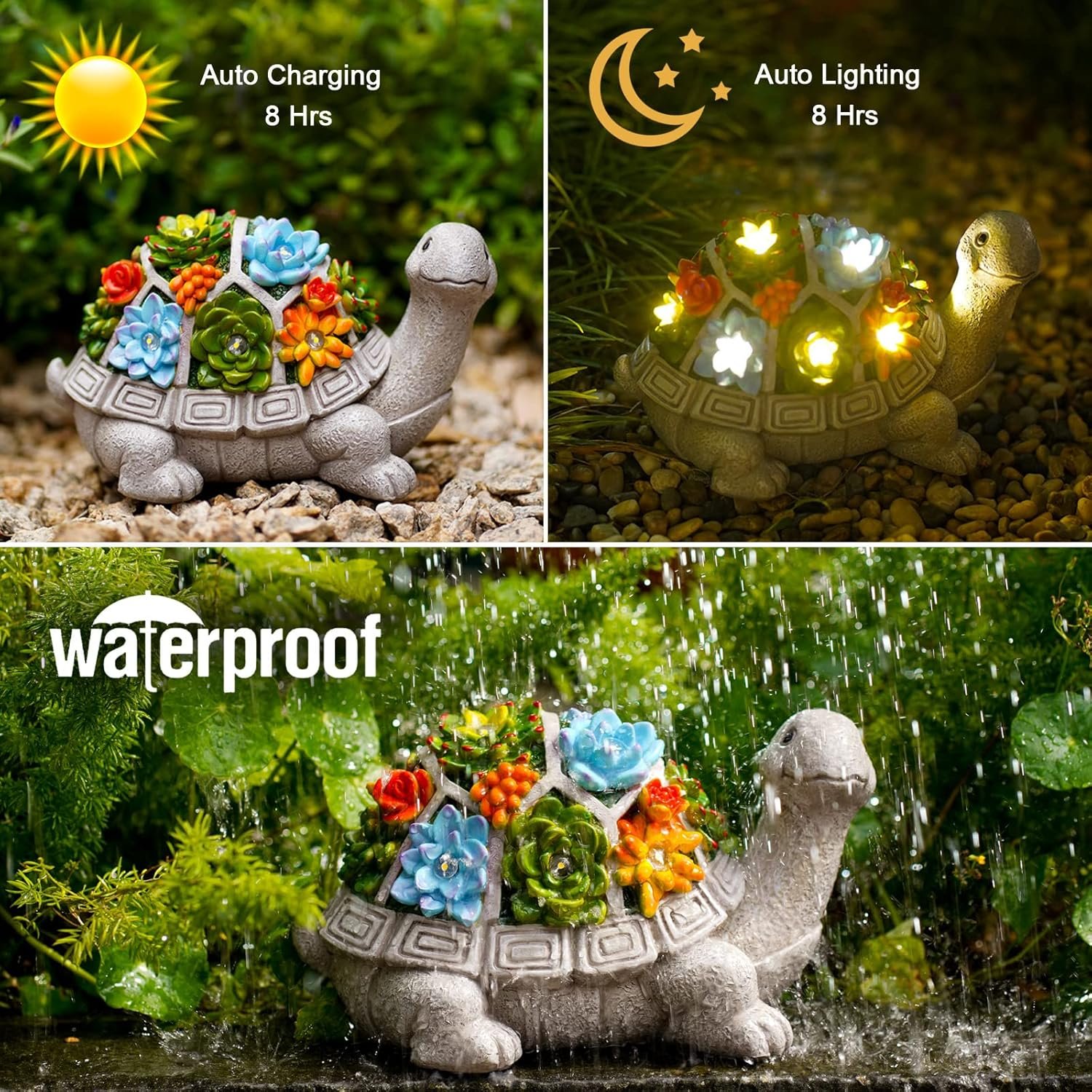 Nacome Solar Garden Outdoor Statues Turtle with Succulent and 7 LED Lights - Lawn Decor Tortoise Statue for Patio, Balcony, Yard Ornament - Unique Housewarming Gifts - Image 7