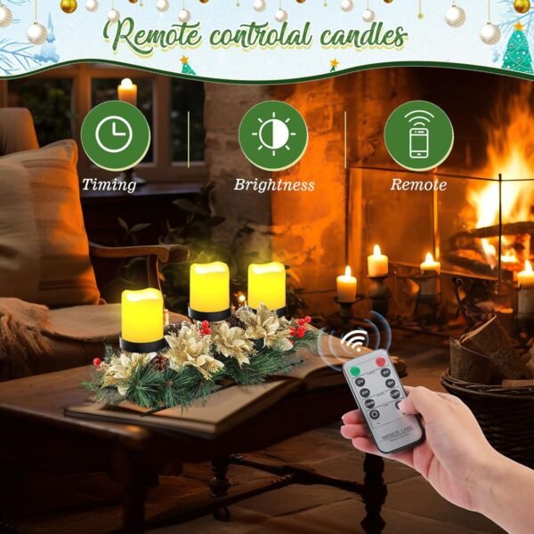 17 Inch Artificial Christmas Centerpiece Candle Holder with 3 Ivory White Flickering Flameless Candles with Remote Control and Timer Christmas Table Centerpiece for Party (Gold) - Image 3