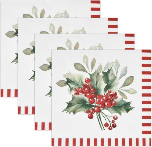 100 Christmas Berries Cocktail Beverage Napkins Disposable Paper Xmas Holly Berry Pine Red and White Striped Dessert Napkin for Winter Holiday Home Kitchen Wedding Party Supplies Tableware Decorations - Image 6