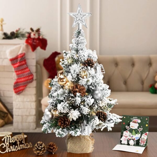 24 Inch 2FT Snowy Mini Christmas Tree, Small Tabletop Flocked Tree with LED Lights, Pine Cones, Balls, Star Tree Topper, Mini Gift Box and Cloth Bag Base, Xmas Decorations (Mini Christmas Tree) - Image 3