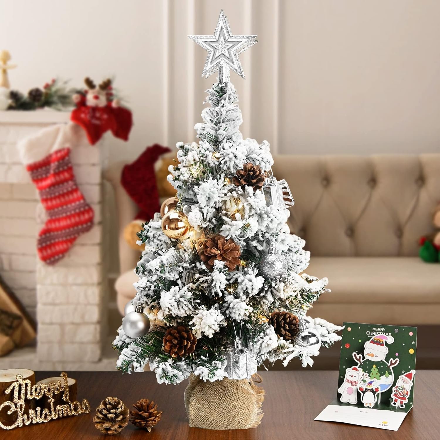 24 Inch 2FT Snowy Mini Christmas Tree, Small Tabletop Flocked Tree with LED Lights, Pine Cones, Balls, Star Tree Topper, Mini Gift Box and Cloth Bag Base, Xmas Decorations (Mini Christmas Tree) - Image 3