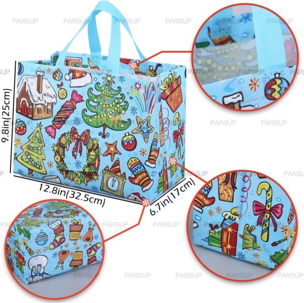PARSUP 8PCS Christmas Gift Bags, Tote Bags with Handles, Treat Bags, Multifunctional Non-Woven Bags for Gifts Wrapping Shopping, Xmas Party Supplies, 12.8"×9.8"×6.7" - Image 3