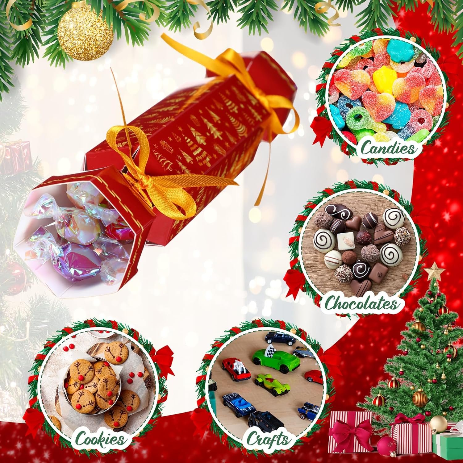 Moinchore 60 Pcs Christmas Crackers Kit DIY Xmas Party Cracker Empty Bulk for Candy Treat Gift Boxes Snowflake Tree Reindeer Candy Christmas No Snap Table Favors Holiday Dinner Decor(Red and Green) - Image 5