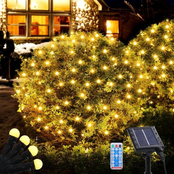 Solar Christmas Lights Outdoor Waterproof, 100Led 5ftx5ft Net Lights Outdoor Mesh Lights with Remote, 8 Modes Connectable Net Christmas Lights for Bushes Outdoor Christmas Decorations(Warm White) - Image 2