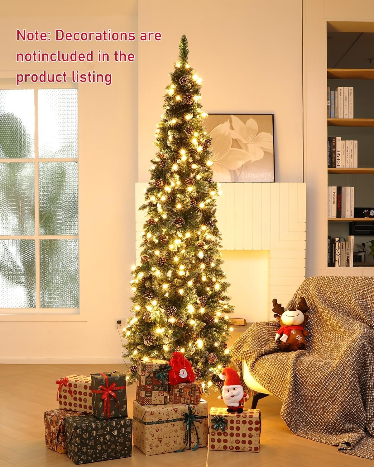 AORESAC 6.5ft Pre-Lit Pencil Christmas Tree for Home, Office, Party Decoration, Artificial Snow Flocked Design w/ 350 LED Lights & 699 PVC Branch Tips and Pine Cones, Metal Hinges & Base - Image 3